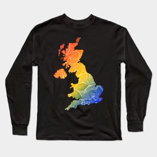 Colorful mandala art map of United Kingdom with text in blue, yellow, and red Long Sleeve T-Shirt